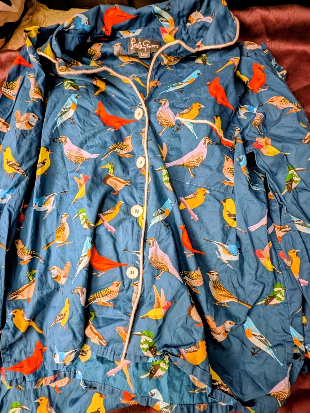 Lesley Evers Blue Bird Print Pajama Set Long Sleeve Top & Pants Large